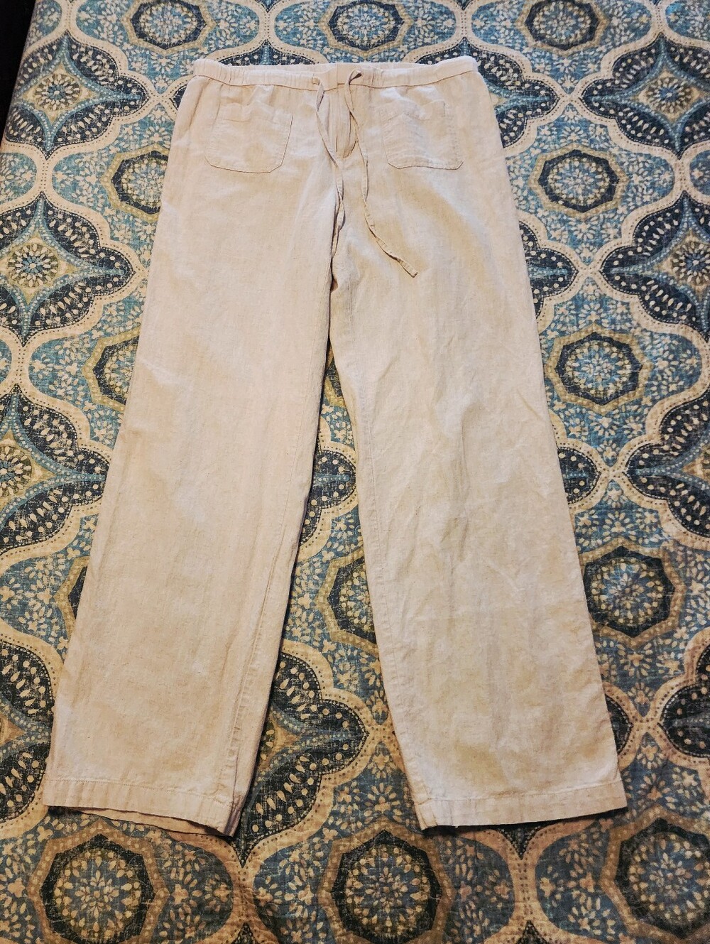 Coastal Grandmother Boho Chic Cream Patch Pocket Linen / Cotton Wide-leg Pants